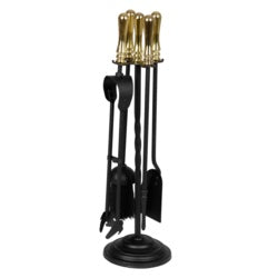 Hearth & Home Black Companion Set With Round Base / Brass Handles 5 Piece 19"