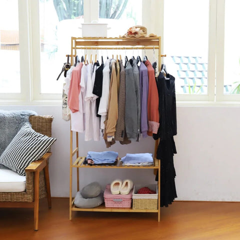 Bamboo Hanging Rack with Shoe Clothing  Organizer Shelves