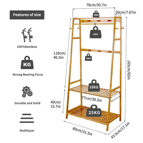 Bamboo Hanging Rack with Shoe Clothing  Organizer Shelves