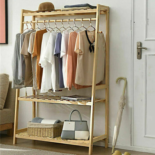 Bamboo Hanging Rack with Shoe Clothing  Organizer Shelves