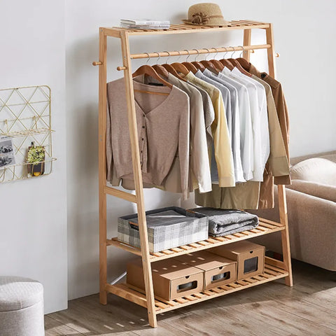 Bamboo Hanging Rack with Shoe Clothing  Organizer Shelves