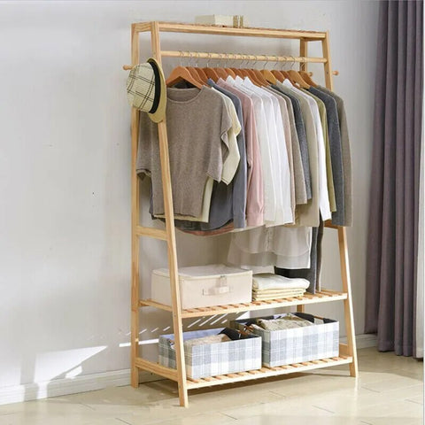 Bamboo Hanging Rack with Shoe Clothing  Organizer Shelves