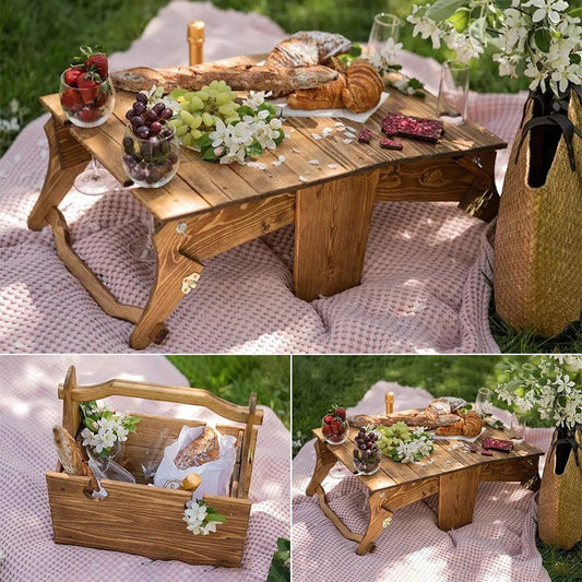 2 in 1 Wooden  Portable Folding Table + Picnic Basket