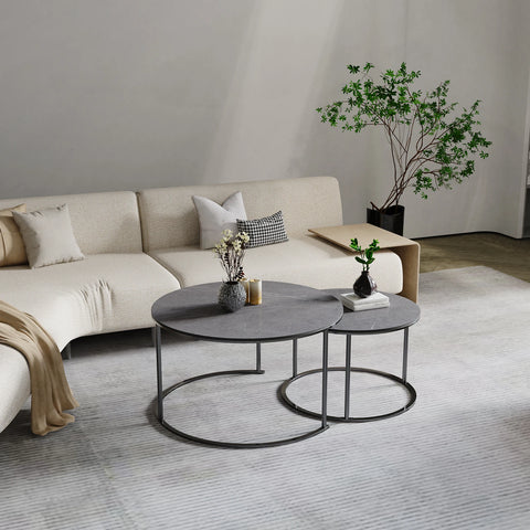 Modern Nesting Round Grey Marble Top Coffee Table Set