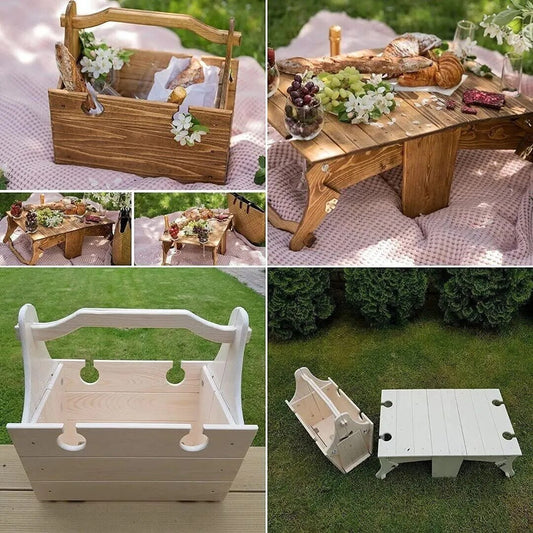 2 in 1 Wooden  Portable Folding Table + Picnic Basket