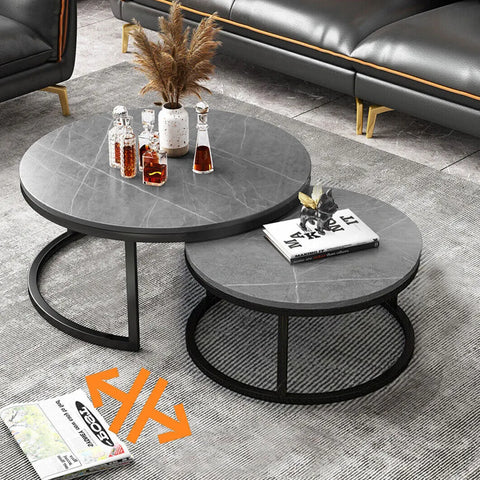 Modern Nesting Round Grey Marble Top Coffee Table Set