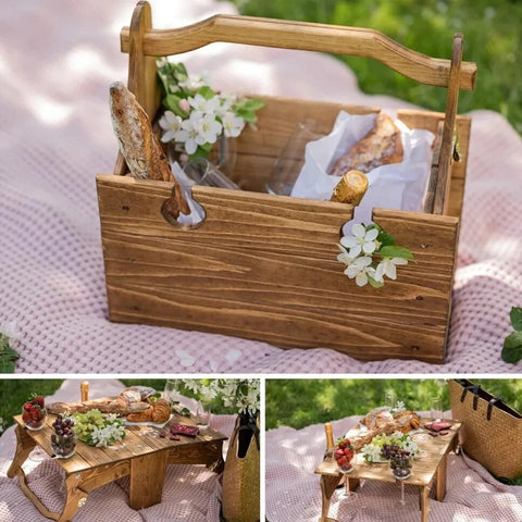 2 in 1 Wooden  Portable Folding Table + Picnic Basket