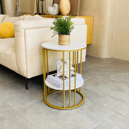 Round Gold Metal Frame Marble Accent Table